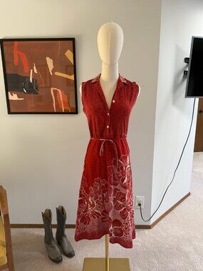 Vintage 1970s Rust Orange Batik Print Cotton Floral Sun Dress Size XS